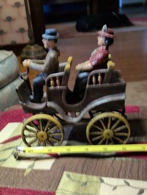 Vintage Cast Iron Horse-Drawn Carriage Figurine in Brown and Yellow